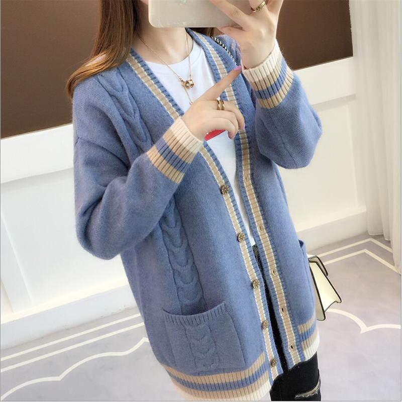 Knit Cardigan New Women's Spring And Autumn Jacket Chic Loose Striped Pockets Long Sweater Women's 201023