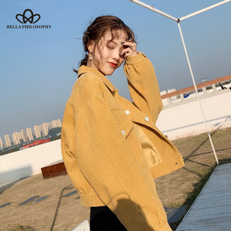 Bella spring women solid pocket jackets lady Long Sleeve Corduroy casual jacket female turn down collar coats 201017