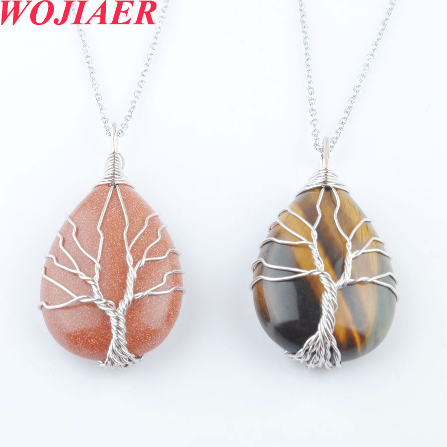 WOJIAER Mix Crystal Natural Stone Tree of Life Necklace Opal Green Howlite Onyx Water Drop Bead Twining Pendant 6PCS DBO912