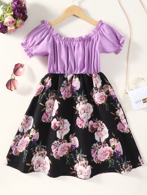 Girls Floral Print Puff Sleeve Frilled Dress SHE