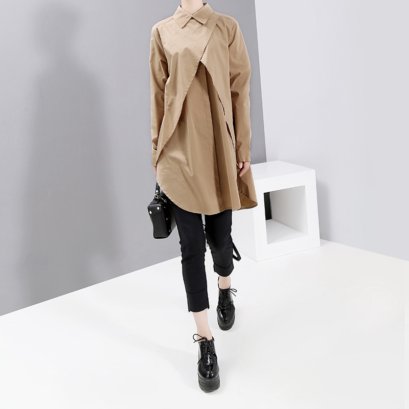 EAM Women Khaki Split Joint Asymmetrical Blouse New Lapel Long Sleeve Loose Fit Shirt Fashion Spring Autumn 1B722 T200322