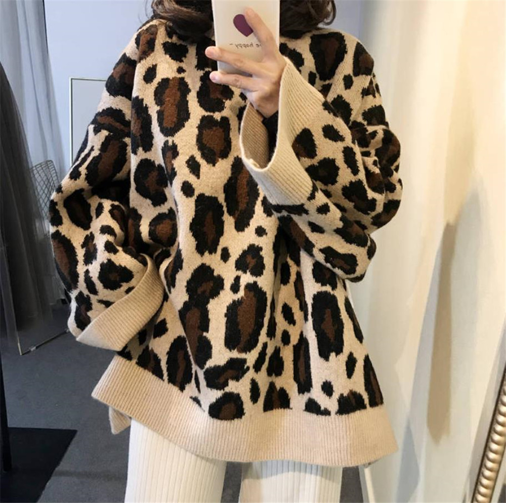 Women Sweater Autumn Winter O-Neck Leopard Print Oversized Sweater Loose Knit Sweater Casual Pullover Plus Size jumper sweter 35 201221