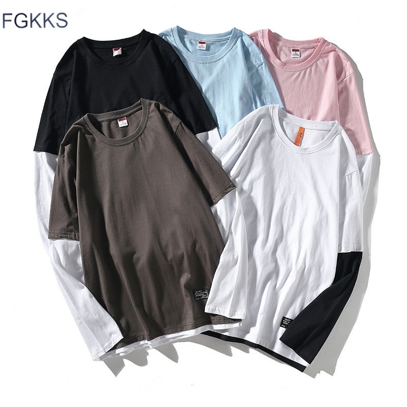 FGKKS New Men's Long Sleeve T Shirt High Street Round Neck Men Bottoming Male Stitching Long Sleeve T Shirt Casual Pullover 201202