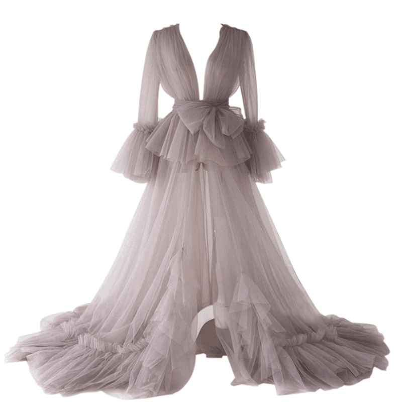 Long Sleeves Sleepwear V Neck Chic Wedding Robe Nightgown Soft Ruffles Tulle Sweep Train Wedding Pajama Fast Shipping