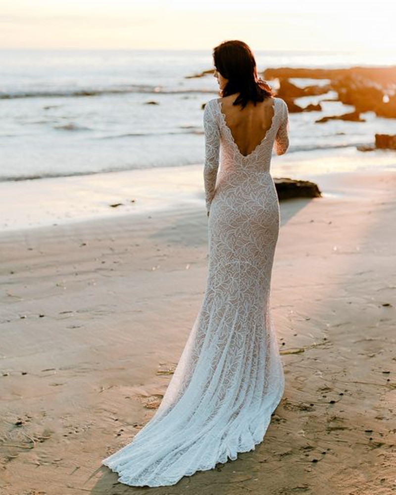 Beach Long Sleeve Wedding Dresses 2022 Backless Full Lace Fairy Tail Greek Bohemian Seaside Bridal Gown Cheap Vestidos boda gitana