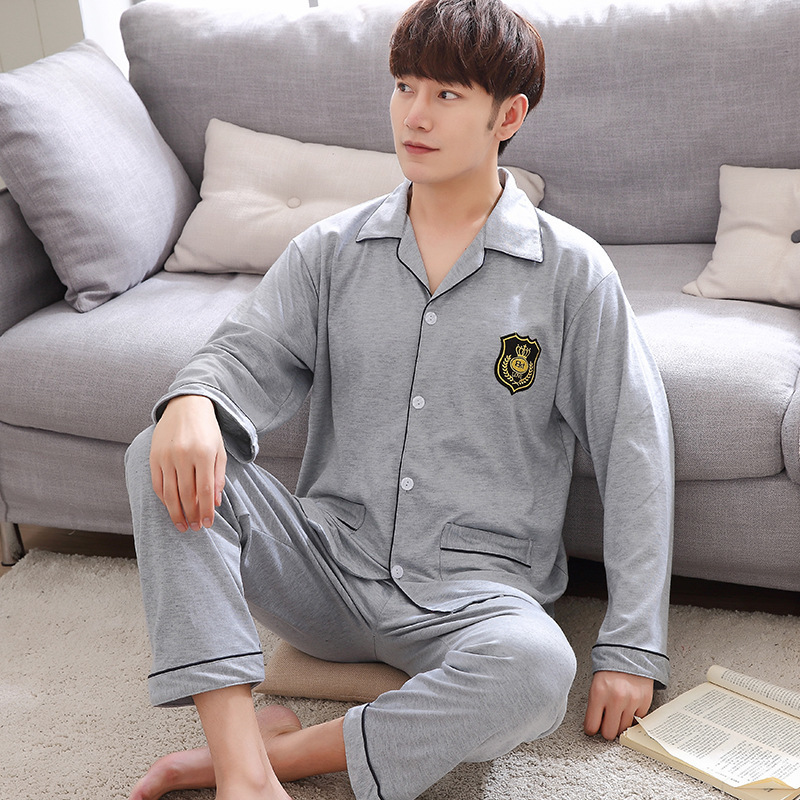 Spring Knitted Mens Pajama Set Cardigan Fold-down Collar Middle-aged Tracksuit Autumn MEN'S Wear Long Sleeve Pajamas 201109