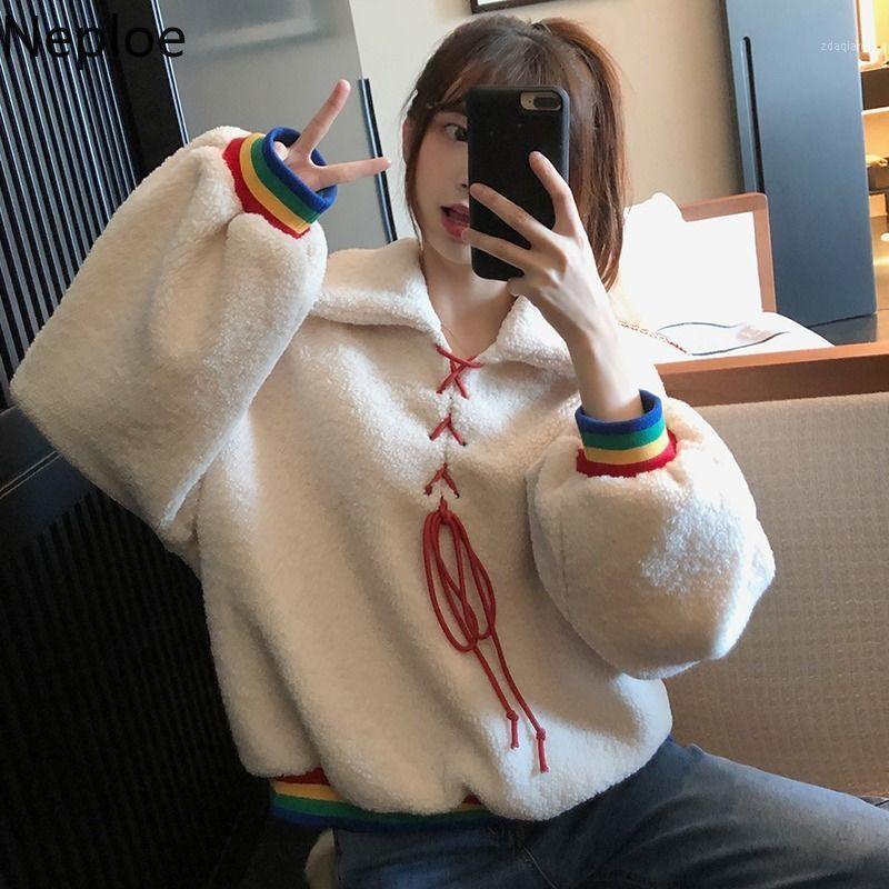 Neploe New Rainbow Stripe Patchwork Sweatshirt Cross Lace Up Turn Down Collar Hoodies 2020 Autumn Winter Lambwool Tops 4D2061, White
Neploe New Rainbow Stripe Patchwork Sweatshirt Cross Lace Up Turn Down Collar Hoodies 2020 Autumn Winter Lambwool Tops 4D2061, White