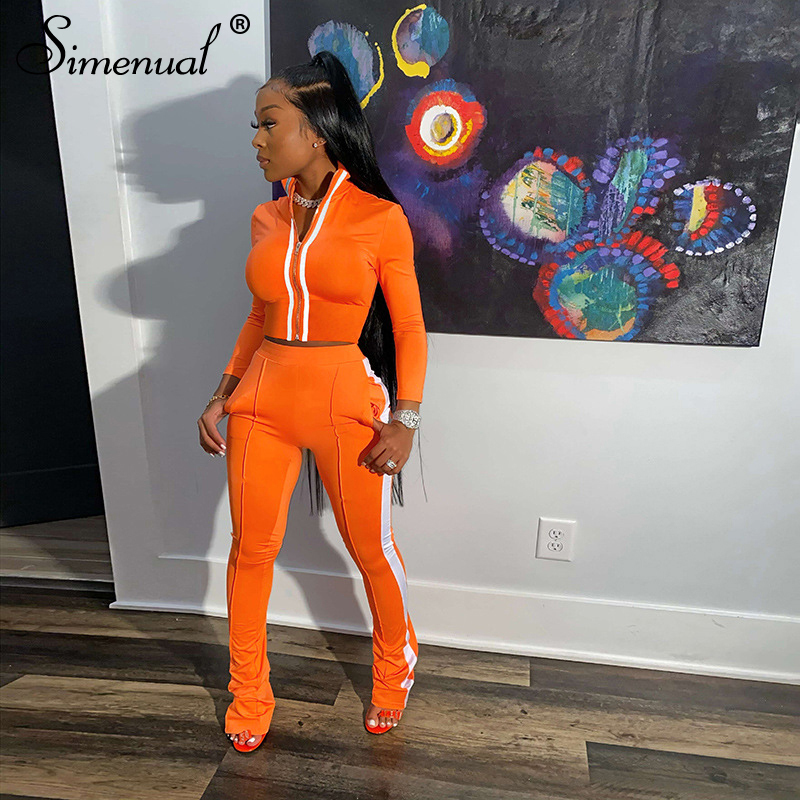 Simenual Sporty Casual Patchwork Women Two Piece Set Long Sleeve Workout Active Wear Outfits Zipper Top And Flare Pants Sets Hot T200817