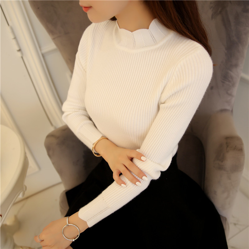 Korean Fashion Women Sweaters and Pullovers Sueter Mujer Ruffled Sleeve Turtleneck Solid Slim Sexy Elastic Women Tops 201221