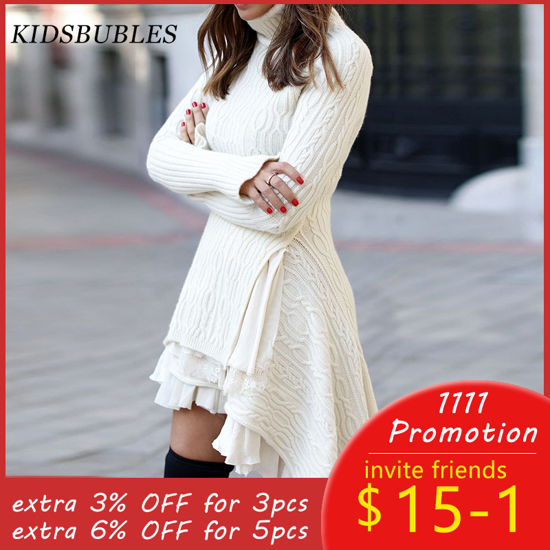 Women Dress Autumn Winter Knitted Dresses Long Sleeve Asymmetrical Turtleneck Casual Female Midi Sweater Dress Plus Size 201030