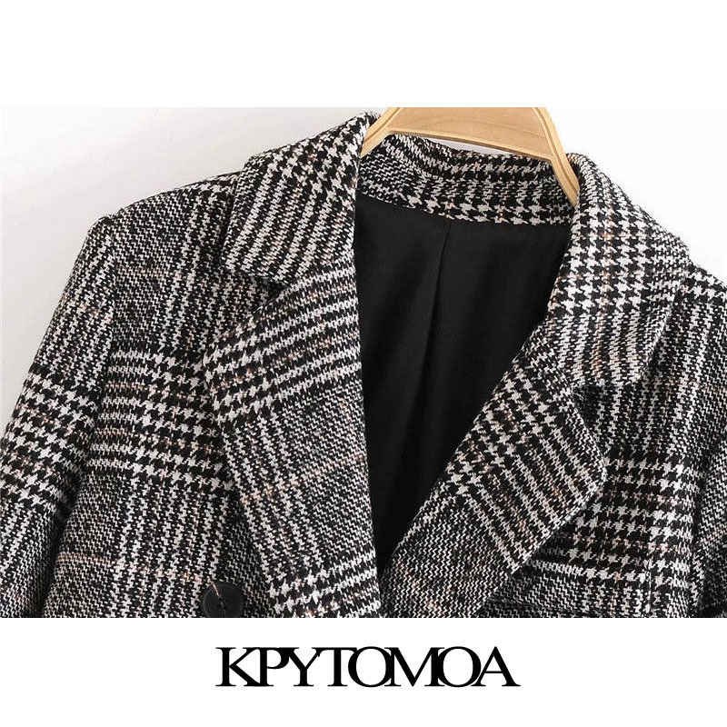 KPYTOMOA Women Fashion Double Breasted Houndstooth Woolen Coat Vintage Long Sleeve Back Vent Female Outerwear Chic Overcoat 201222