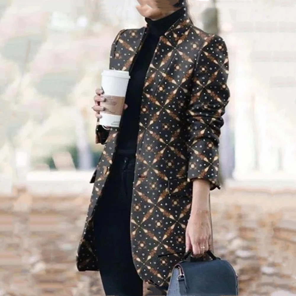 Autumn And Winter Women's New Long-sleeved Lapel Coat Printed Woolen Coat Fashion Striped Plaid Slim Coats Oversized 201216