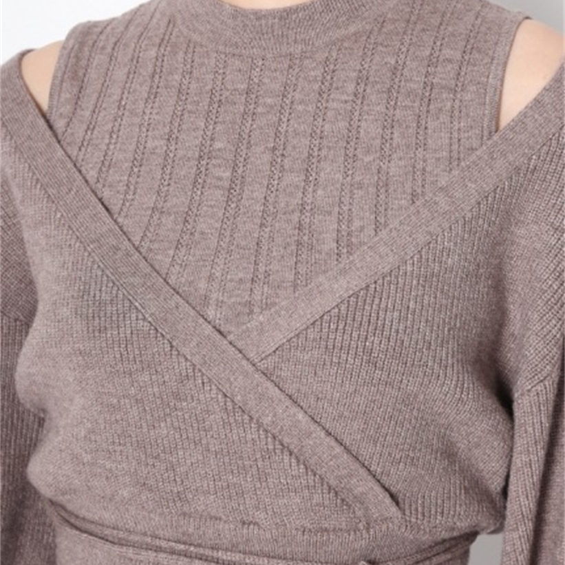 Neploe Turtleneck Drawstring Puff Sleeve Knitted Sweaters Sweet Loose Shoulder Strapless Women Tops Autumn Winter New Pullovers 201224