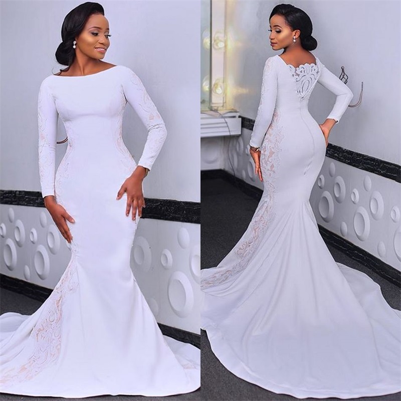 Modern Africa Mermaid Wedding Dress Long Sleeves Appliqued Lace Bridal Gowns Custom Made Plus Size Sweep Train Vestidos De Novia