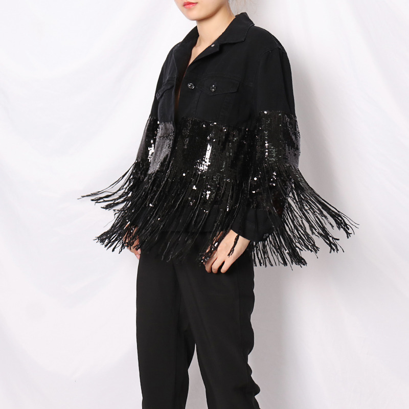 TWOTWINSTYLE Patchwork Sequin Tassel Jacket For Women Lapel Long Sleeve Casual Oversized Jackets Female Fashion Style 201029