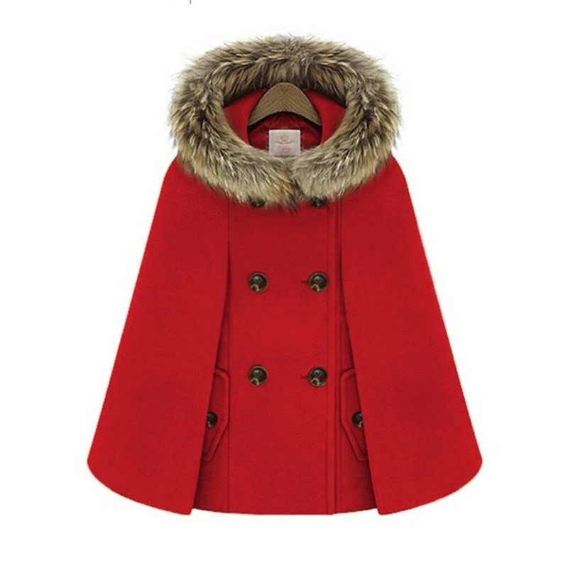 Woolen Female Elegant Poncho and Capes Coat Women Hooded Cape Fur Collar Double Breasted Winter Loose Street Short Overcoat Red 201210