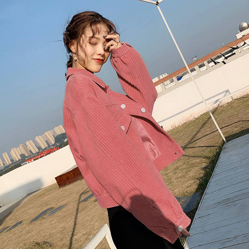 Bella spring women solid pocket jackets lady Long Sleeve Corduroy casual jacket female turn down collar coats 201017