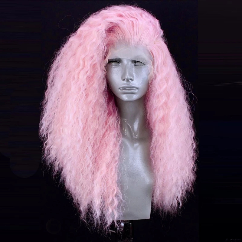 Pink Color Long Curly Afro Wigs Synthetic Lace Front Wig High Temperature Heat Resistant Fiber Hair Lace Wigs For Women