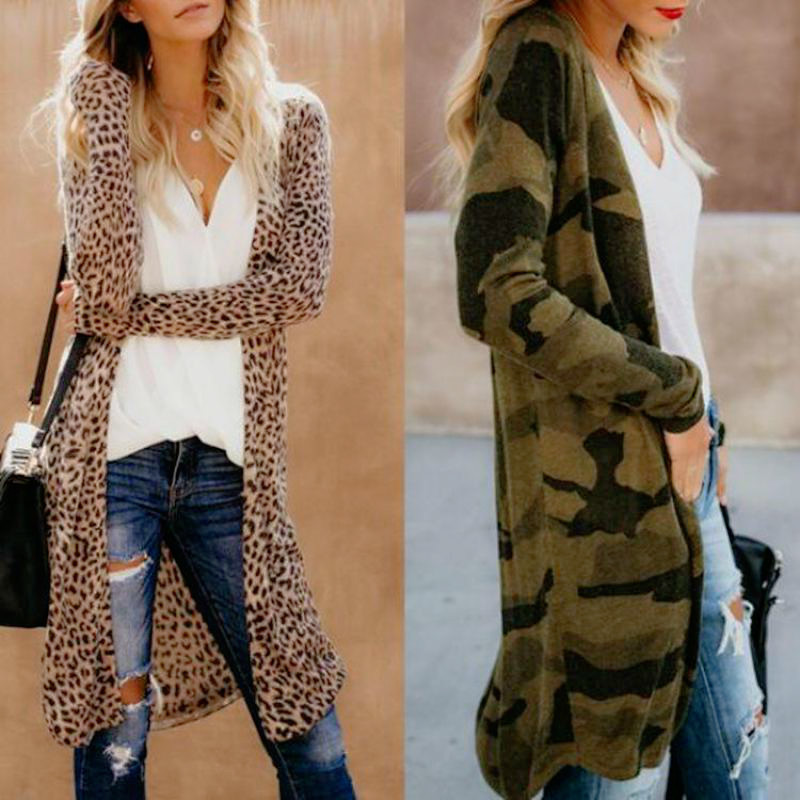 Women Fashion Causal Long Sleeve Cardigan Autumn Coat Leopard Camouflage Snakeskin Pattern Sueter Long Sweater Women 201029