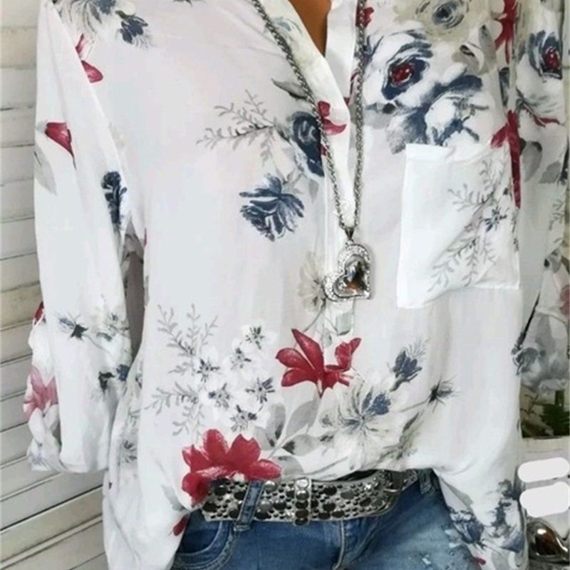 5XL Plus Size Summer Tops Women Blouses Long Sleeve Print Stand Collar Button Blouse Pullover Women's Clothing Shirt Blusa 201028