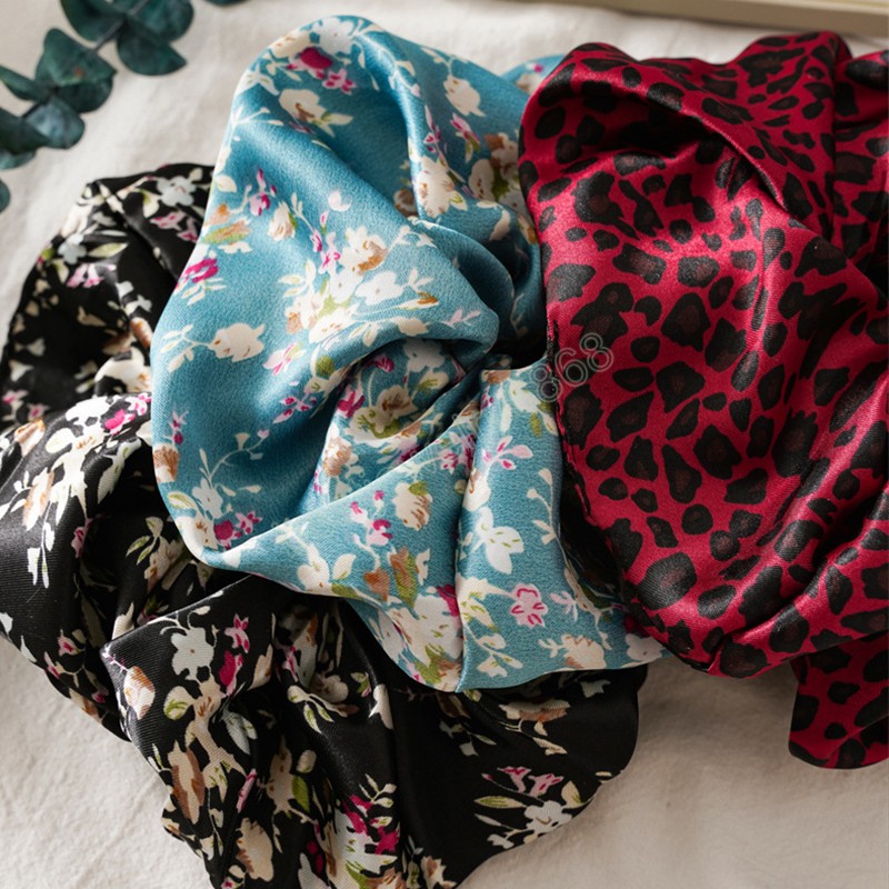 Satin Silk Solid Color Oversized Scrunchies Leopard Floral Print Elastic Hair Bands Rings Women Girls Headband Hair Accessories