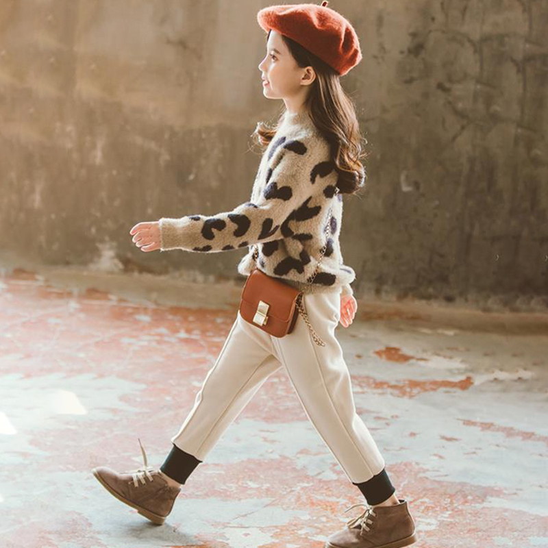 Clothing Sets For Girls Leopard print top+Solid Pants 2Pcs 2020 Spring and autumn Fashion Sets Kids Clothes Suits Y1117