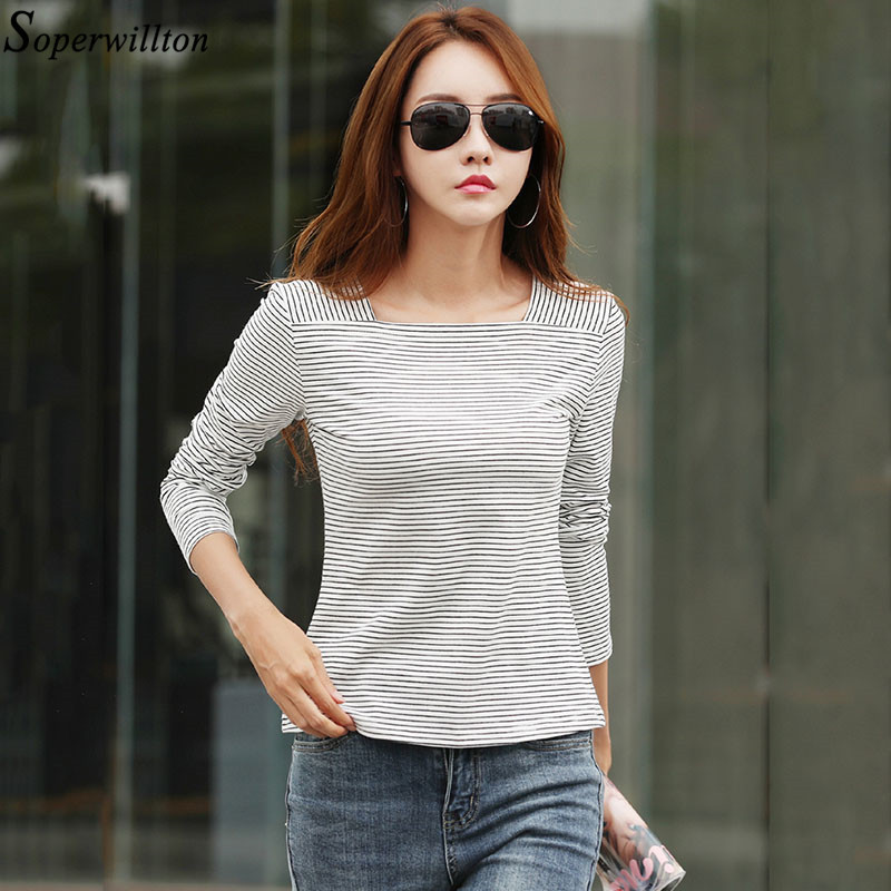 Long Sleeve T Shirt Ladies Women's Tshirt Striped Cotton Fashion Autumn Square Collar Casual Tops Female Yellow Black G50 201028