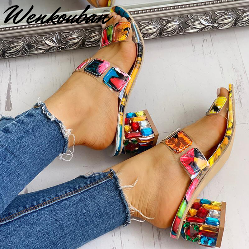 Crystal Women Square Heels Summer Sandals Peep Toe Ladies Multi Colors Wedge Shoes Sandalias de Verano Para Mujer Y200323