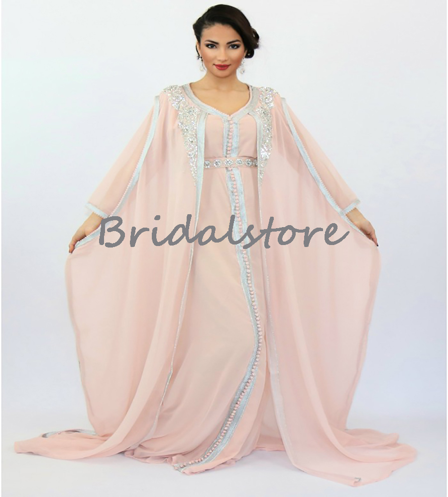 Morocca Kaftan Dubai Pink Evening Dress 2022 Luxury Crystal Beaded Long Prom Dresses Muslim Caftan Mariage Marocian Formal Party Dress Femme Vestidos 