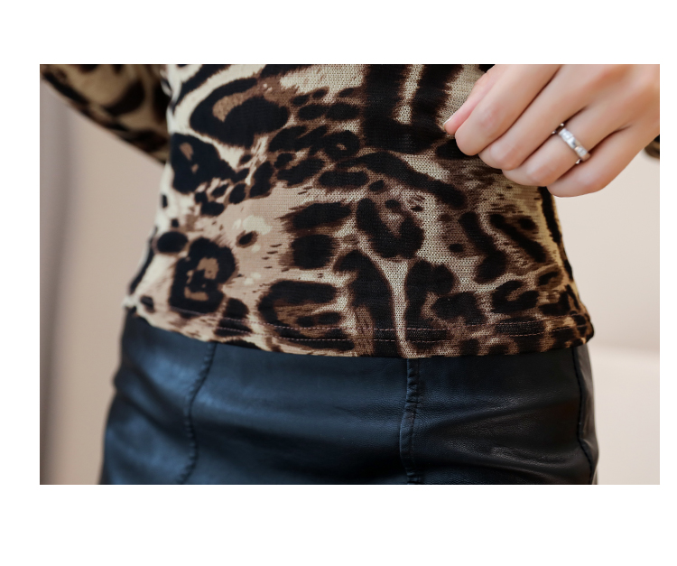 Autumn new womens sexy bodycon gauze leopard print long sleeve turtleneck t-shirt plus size SMLXLXXL3XL