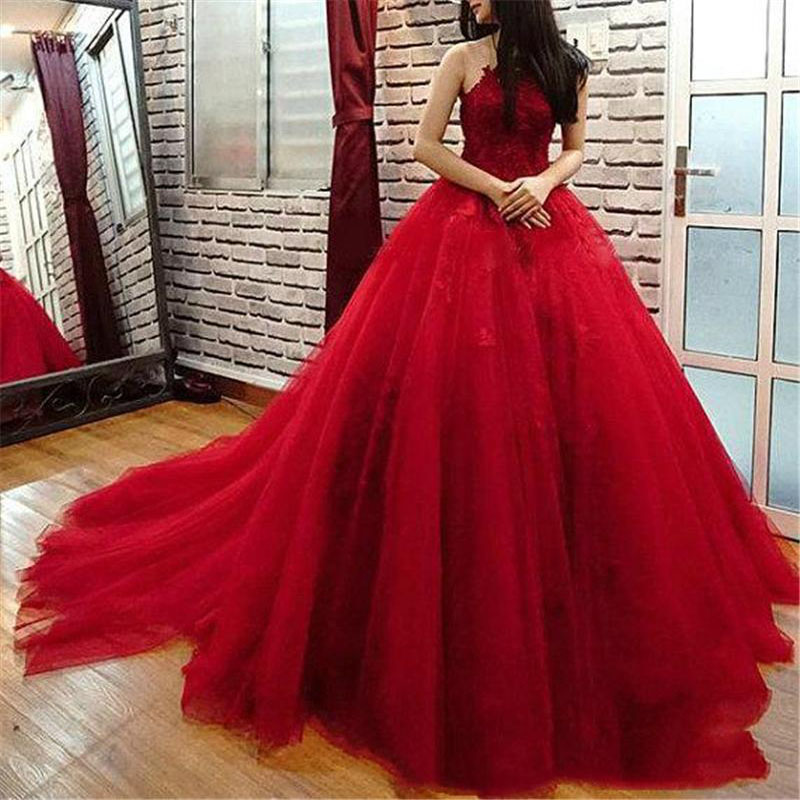 New Long Dark Red Ball Gown Evening Dress Lace Appliques Beads Tulle Puffy Floor Length Formal Prom Party Gowns Custom Made