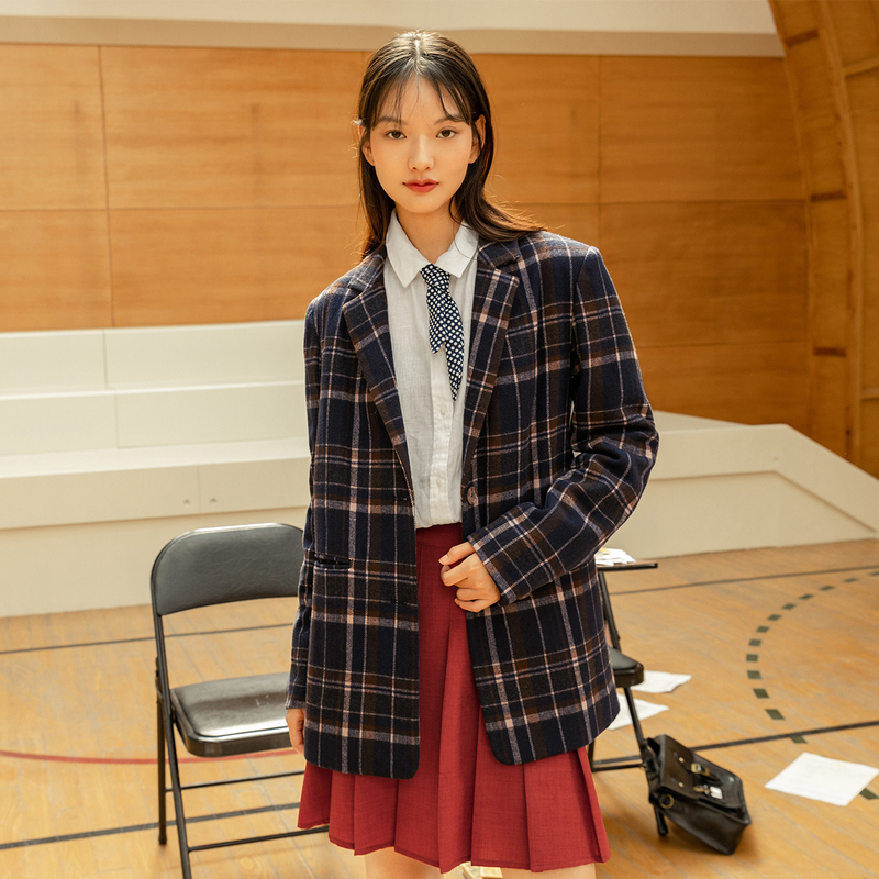 INMAN Autumn Winter New Arrival Preppy Style Plaid Striped Plaid Blue Cafe Suit Texture Woman Woolen Coat 201106