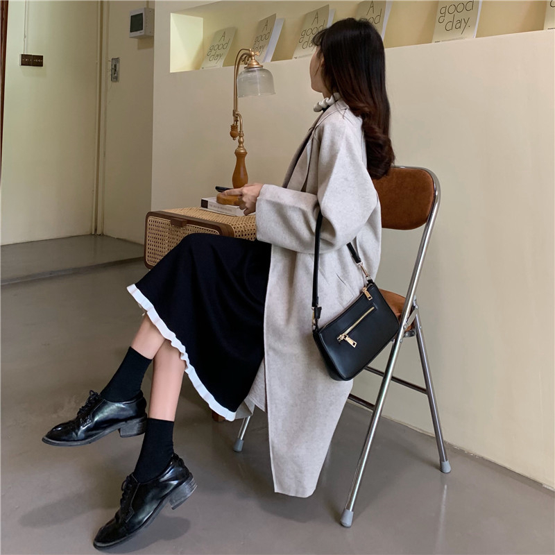 Sweet Ruffled Collar Lace Dress Women Fashion Contrast Color Flare Sleeve Acrylic Knitted Dress Autumn Winter Midi Sweater Dress 201126