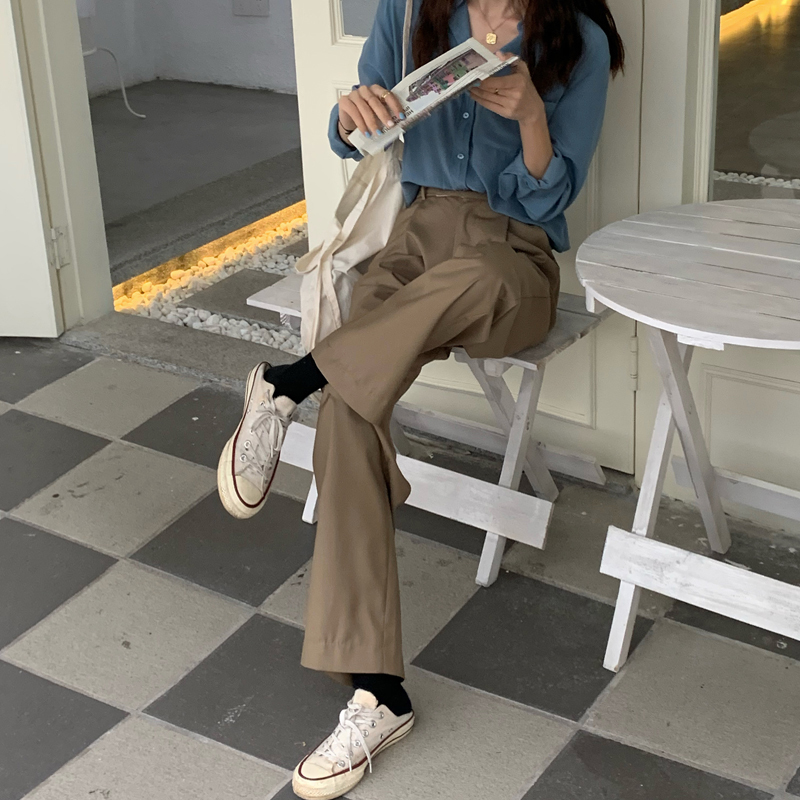 DEAT high waist full length pants wide legs kahki color pocket BF Styles cacual trousers female 7A03204L 201228