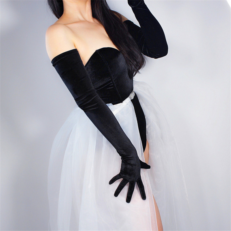 Velvet Gloves 70cm Long Black Opera Female High Elastic Swan Velour Gold Touchscreen Women Evening WSR26 201104