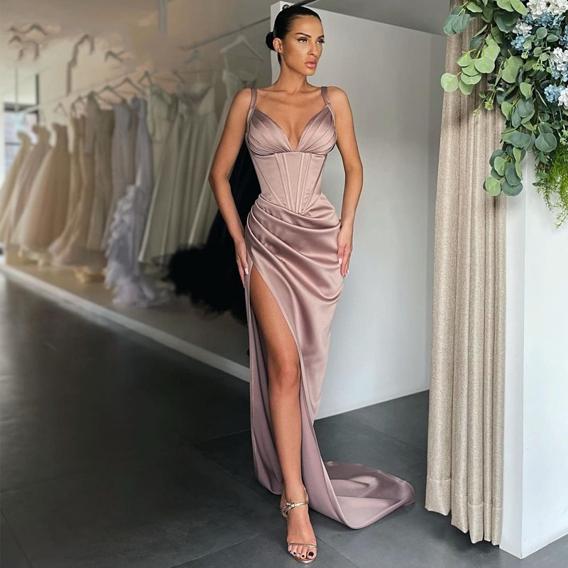Sexy Prom Dresses 2022 V-neck Satin High Split Evening Dress Saudi Arabia Mermaid Sleeveless Long Cocktail Party Gown Graduation Vestido de festa
