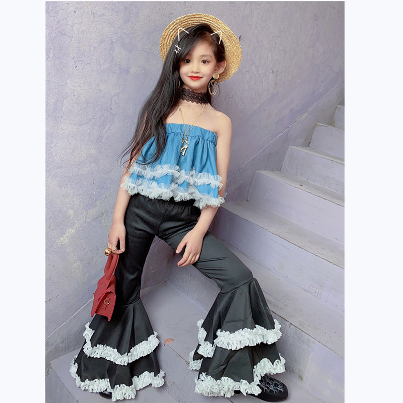 Spring and Summer Girls' Small Fragrance Style Suit New Wrapped Chest Top + Lace Lace Bell Pants Suit Children's Ladies StyleX1019