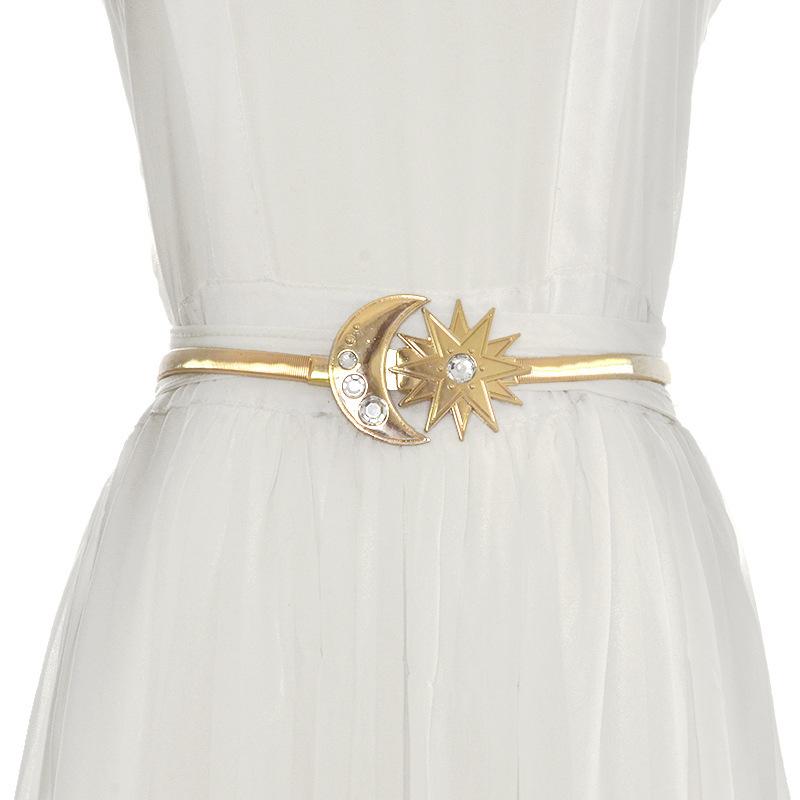 2020 New Designer Gold Elastic Stretch Waist Chain Belt Female Thin Skinny Rhinestone Sun Moon Buckle Belts for Women Dresses, Black
2020 New Designer Gold Elastic Stretch Waist Chain Belt Female Thin Skinny Rhinestone Sun Moon Buckle Belts for Women Dresses, Black