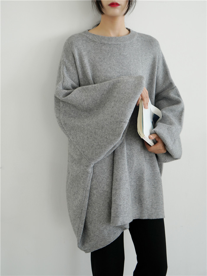 [EAM] Oversized Gray Knitting Sweater Loose Fit Round Neck Long Sleeve Women Pullovers New Fashion Autumn Winter 1Y190 201222