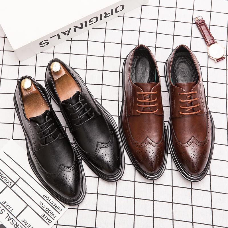 JAZZPOSTURE 2020 new men's dress shoes men's classic retro lace brogues men dress shoes leather q52, Black