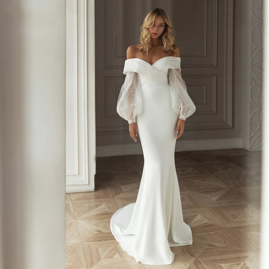 off shoulder Wedding Dress Stunning Mermaid Sweetheart Puff Sleeve Satin Vestido De Noiva 2022 Fashion Princess bridal gown