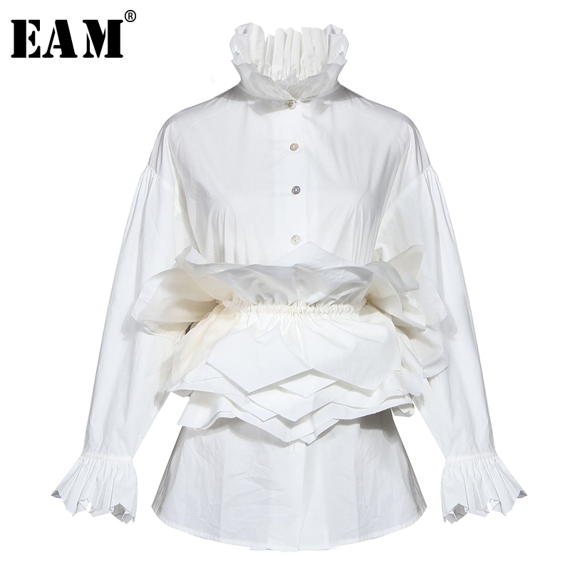 [EAM] Women White Ruffles Split Blouse New Stand Collar Long Sleeve Loose Fit Shirt Fashion Tide Spring Autumn 1N882 201126
