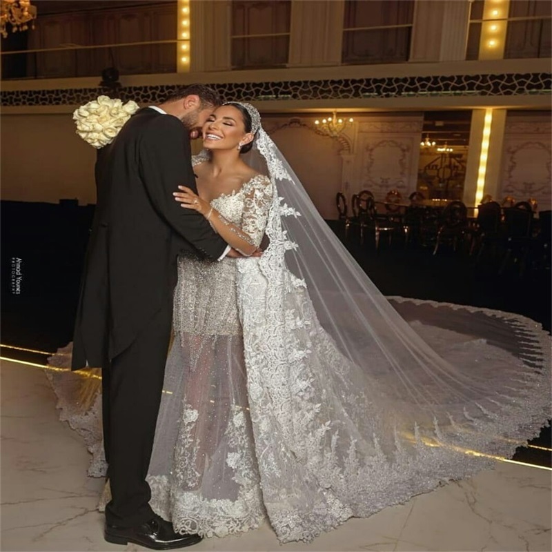 Luxury Mermaid Wedding Dresses Arabic Dubai Beads Appliqued Lace Chapel Bridal Gown With Detachable Train Long Sleeves Vestidos De Novia