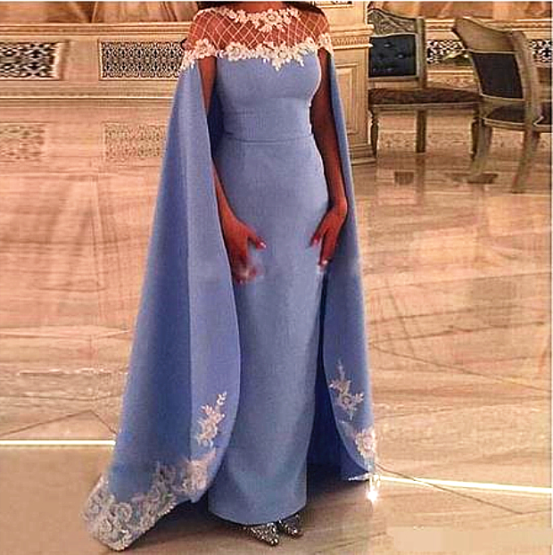Elegant Arabic Light Sky Blue Formal Long Evening Dresses With Cape Hollow Out Appliques Lace Wraps Prom Party Wear For Girls Women