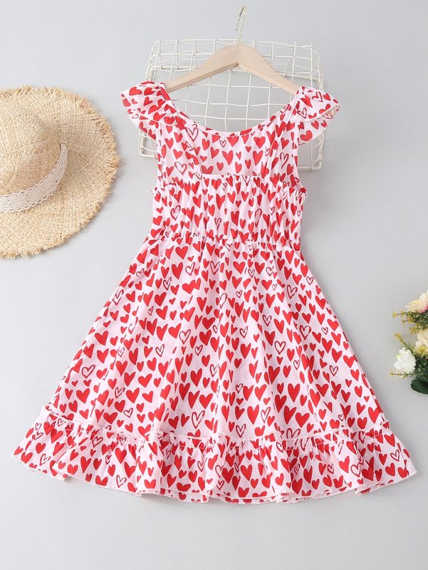 Girls Heart Print Ruffle Hem Dress SHE