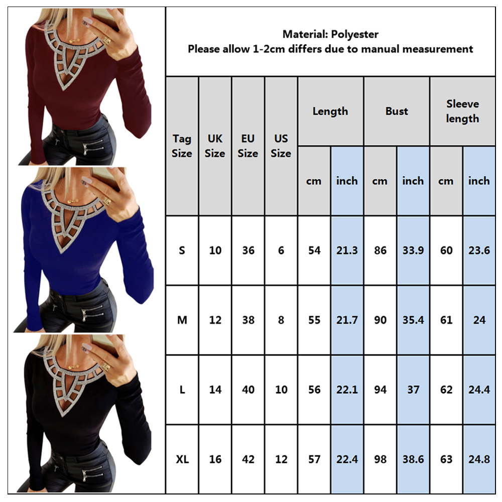 Hollow Out O Neck T-shirts Women Spring Rhinestone Long Sleeves Sexy T shirt Ladies Tee Shirt Slim Fit Female Tops Blusas D30 201028