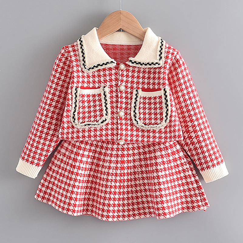 Girl's Long Sleeve Turn-Down Collar Brife Style with Pockets Sweaters+Skirts 2PCS Clothing Sets Casual Fashion Dressing SetsX1019