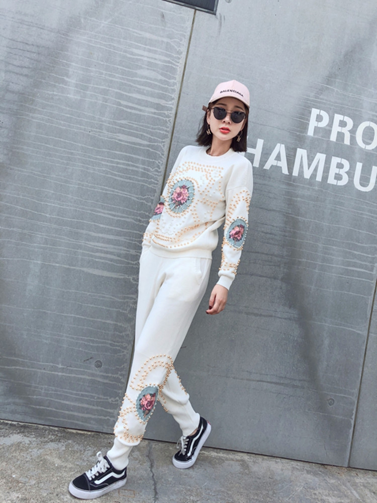 Beaded Cross- 2-Piece Sweater & Pants Casual Suit Set For Women In Various Colors