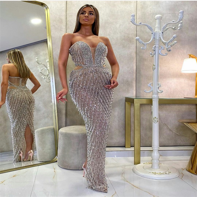 Glitter Sliver Prom Dresses Sweetheart Sequins Beads Tassel Evening Dress Custom Made Sweep Train Bling Sleeveless Mermaid Party Dress