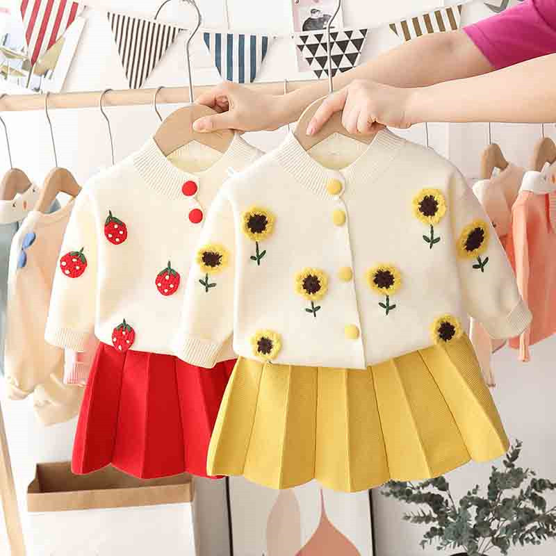 Baby Girls Winter Clothes Set Birthday Outfits Kids Girls Fruit Knit Sweater + skirt Two-piece Autumn Girl Clothing Set CostumeX1019